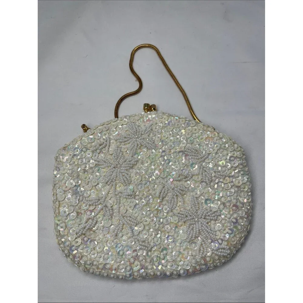 Vintage 1960s Beaded Sequin White Iridescent Clutch